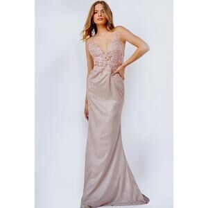 JVN by Jovani JVN2205 Embroidered Lace Fitted Evening Gown Blush/Nude Size 2
